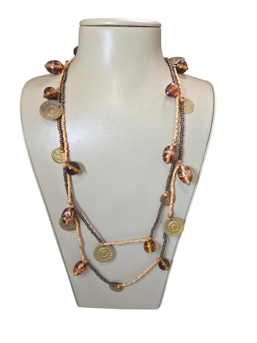 Vintage Women's Beaded Coin Charm Glass Long Necklace 58"